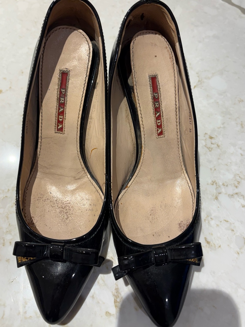 Prada Black Patent Pointed-Toe Heels with Bow Accent